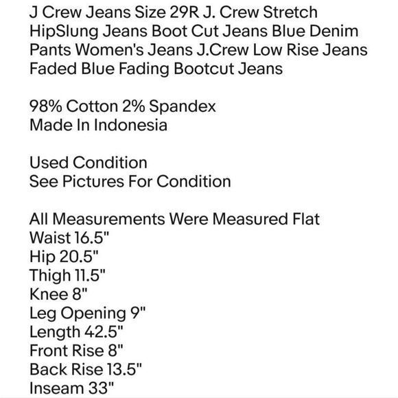 J Crew Jeans Size 29R J. Crew Stretch HipSlung Jeans Boot Cut Jeans Blue Denim - Picture 6 of 6